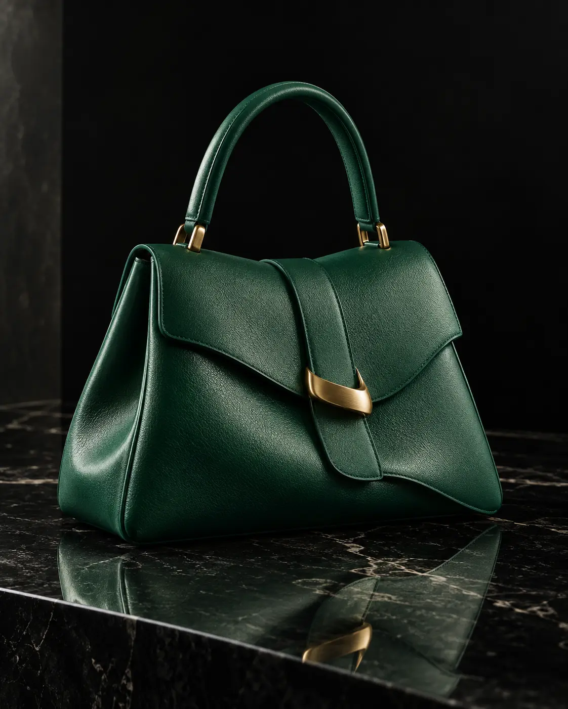 Emerald leather handbag on black stone