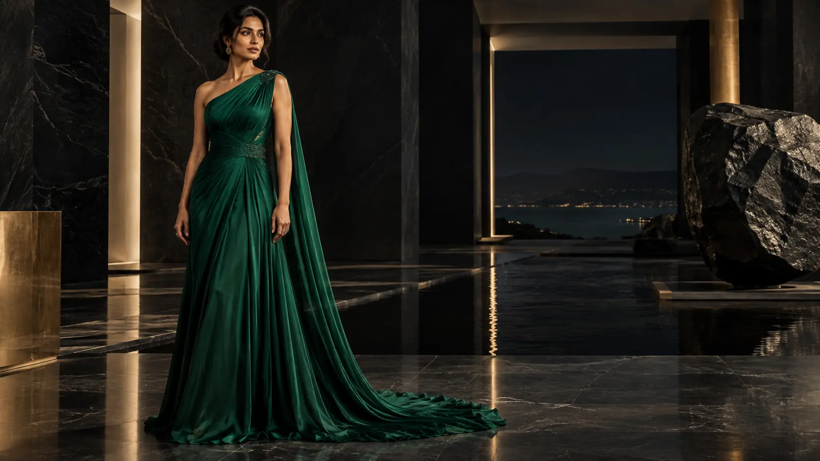 Model wearing an emerald couture evening dress in a modern gallery