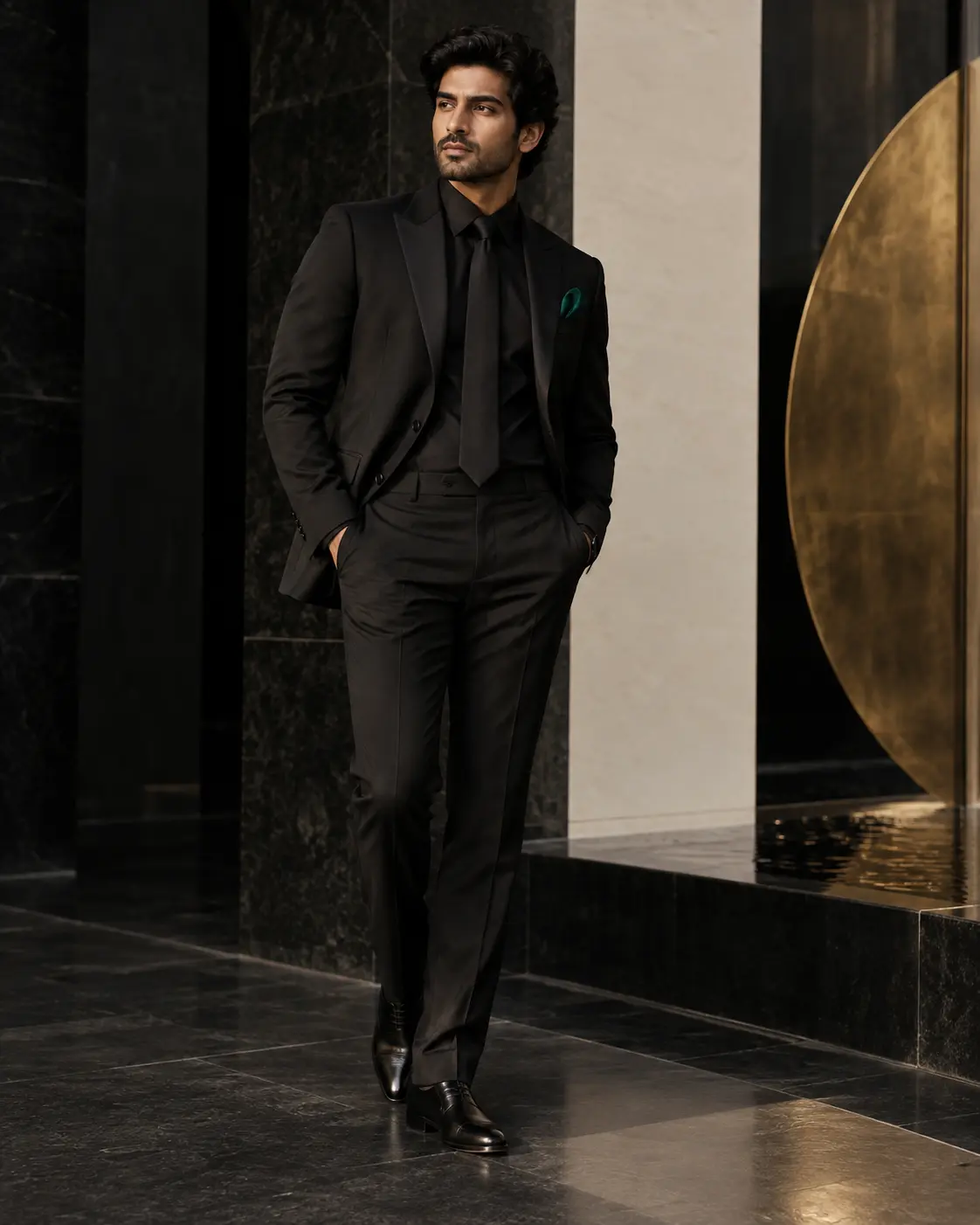 Tailored black formalwear with emerald detailing
